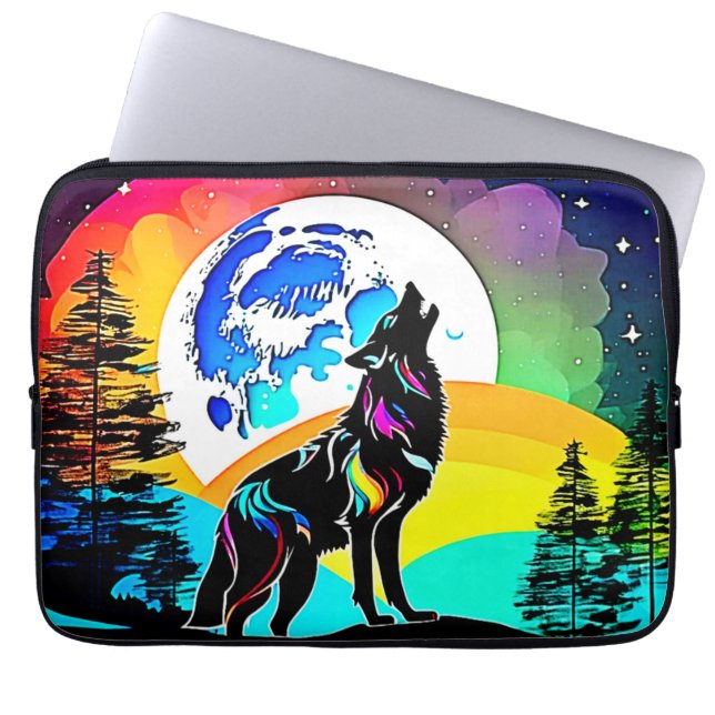 Rainbow Lunar Wolf Howl Art Laptopschutzhülle (Vorderseite)