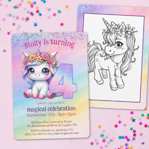 Rainbow magische Unicorn 4. Geburtstag Einladung