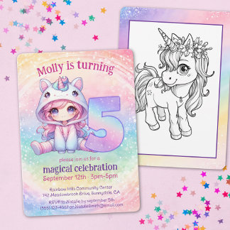 Rainbow magisches chibi Girl Unicorn 5. Geburtstag Einladung