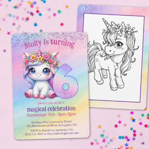 Rainbow magisches Unicorn zum 6. Geburtstag Einladung