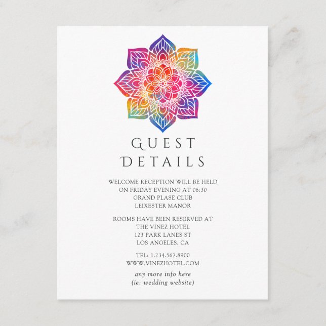 Rainbow Mandala Indian Wedding Guest Details Begleitkarte (Vorderseite)