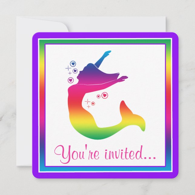 Rainbow Mermaid in Silhouette Happy Birthday Einladung (Vorderseite)