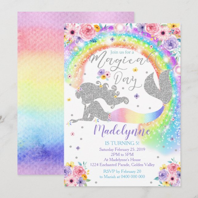 Rainbow Mermaid Invitation Silver Mermaid (Devant / Derrière)