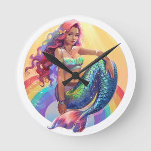 Rainbow Mermaid Runde Wanduhr