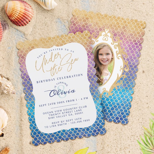 Rainbow Mermaid Scales Foto Geburtstag Einladung (Rainbow Mermaid Scales Photo Birthday Invitation)