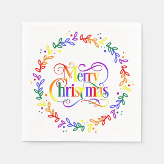 Rainbow Merry Christmas Wreath Paper Napkins Serviette