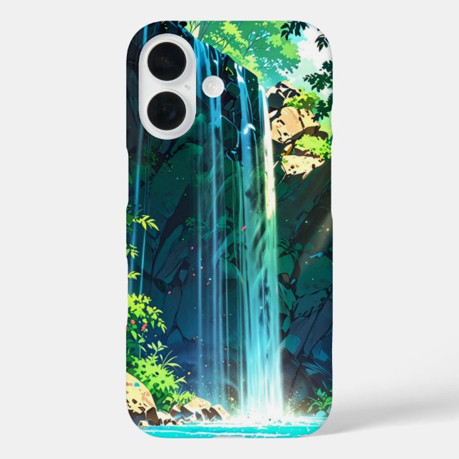 Rainbow Mist Anime Wasserfall iPhone 16 Hülle (Rückseite)