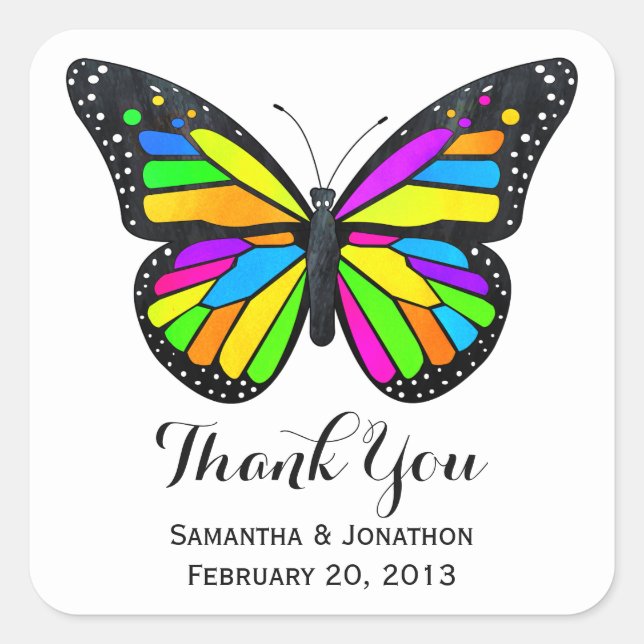 Rainbow Monarch Butterfly Wedding Danke Quadratischer Aufkleber (Vorderseite)