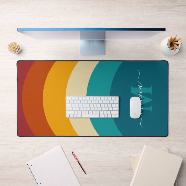 Rainbow Monogram Individuelle Name Retro Sunset St Schreibtischunterlage (Büro 1)