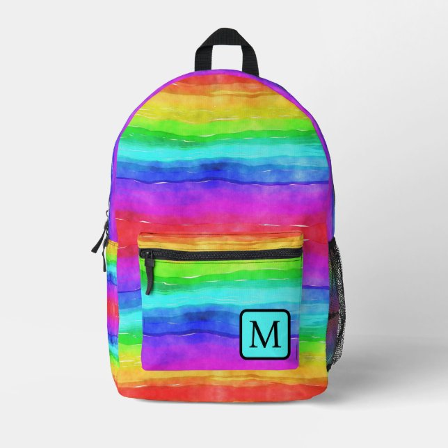 Rainbow Monogram Niedlich Watercolor Backpack Bedruckter Rucksack (Vorderseite)