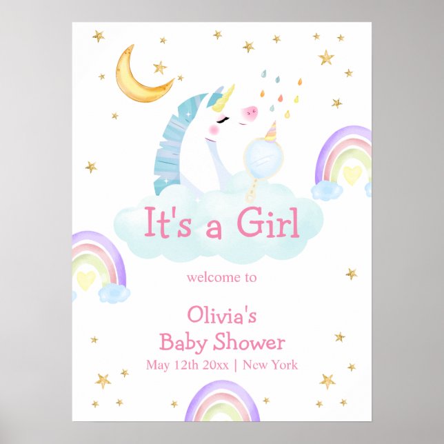 Rainbow Moon Star Unicorn Kinderdusche Willkommen Poster (Vorne)