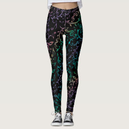 Rainbow Music Notes Floral Pattern Black Leggings