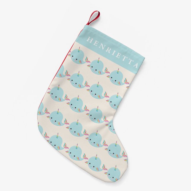 Rainbow Narwhal Kawaii Muster Pastel Blauer Name Kleiner Weihnachtsstrumpf (Vorderansicht (hängend))