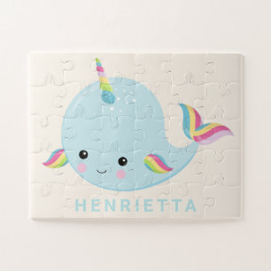 Rainbow Narwhal Kawaii Pattern Pastell Blauer Name