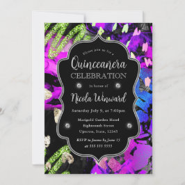 Rainbow Neon Abstrakt Glitzer Quinceanera Einladung