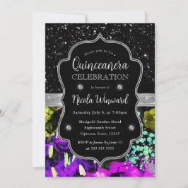 Rainbow Neon Abstrakt Glitzer Quinceanera Einladung