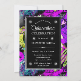 Rainbow Neon Abstrakter Glitzer Frame Quinceanera Einladung