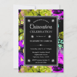 Rainbow Neon Abstrakter Glitzer Frame Quinceanera Einladung