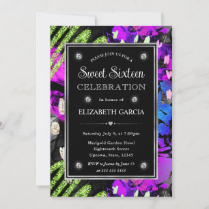 Rainbow Neon Abstrakter Glitzer Rahmen Sweet 16 Einladung