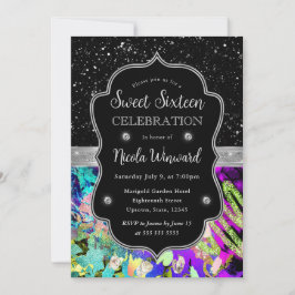 Rainbow Neon Abstrakter Glitzer Sweet 16 Einladung