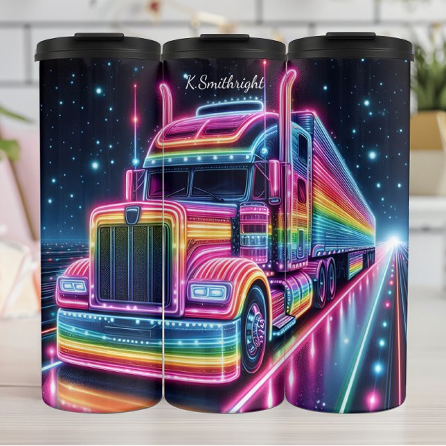 Rainbow Neon Semi Truck Space Thermosbecher (Von Creator hochgeladen)
