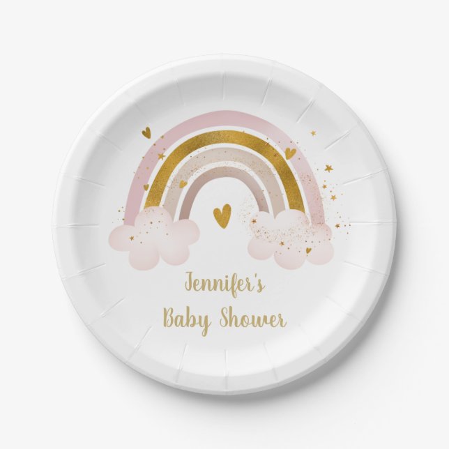 Rainbow Neutral Gold Pastel Baby Dusche Pappteller (Vorderseite)