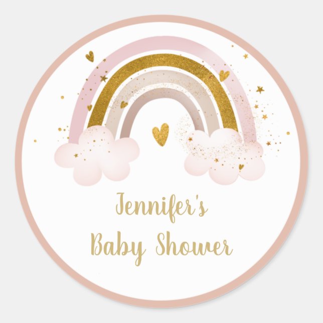 Rainbow Neutral Gold Pastel Baby Dusche Runder Aufkleber (Vorderseite)