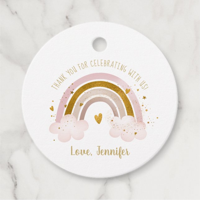 Rainbow Neutral Gold Pastel Baby Dusche Vielen Dan Geschenkanhänger (Vorderseite)