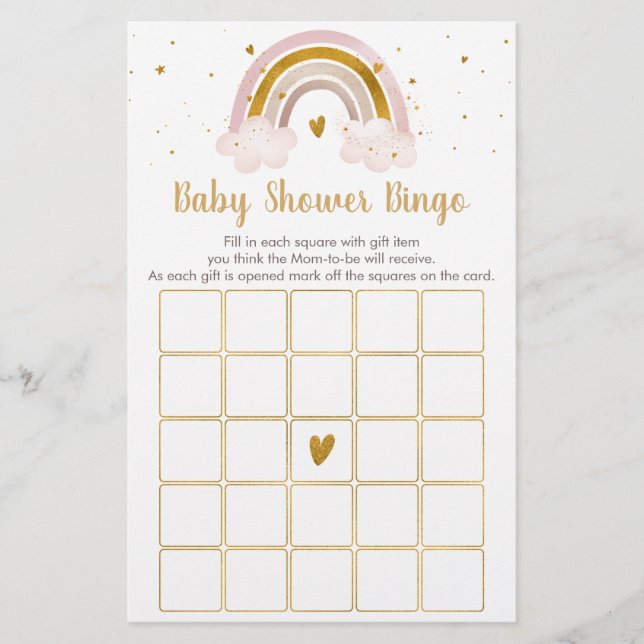 Rainbow Neutral Gold Pastel Baby Shower Bingo Game (Vorderseite)