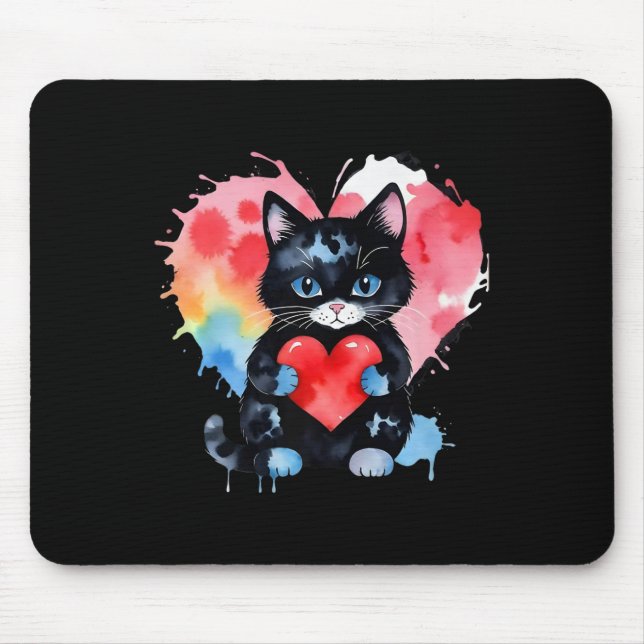 Rainbow Niedlich Cat Hugging Valentine Heart Kitty Mousepad (Vorne)