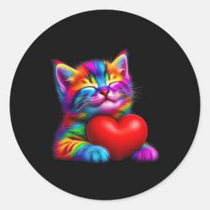Rainbow Niedlich Cat Hugging Valentine Heart Kitty Runder Aufkleber