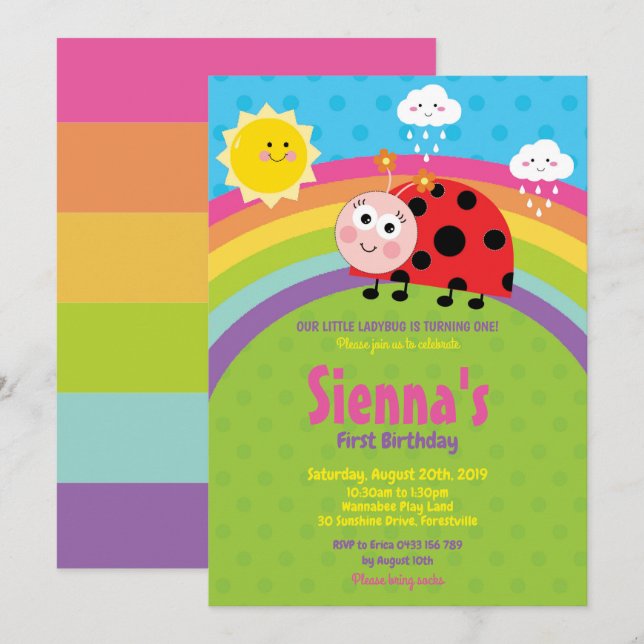 Rainbow Niedlich Ladybug 1st Birthday Party Girl Einladung (Vorne/Hinten)