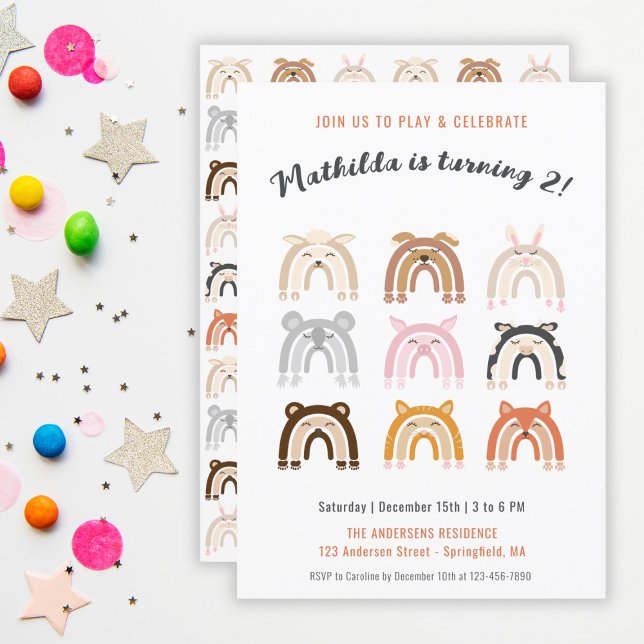 Rainbow Niedlicher Tiere Kindergeburtstag Party Einladung (Rainbow Cute Animals Kids Birthday Party Invitation)