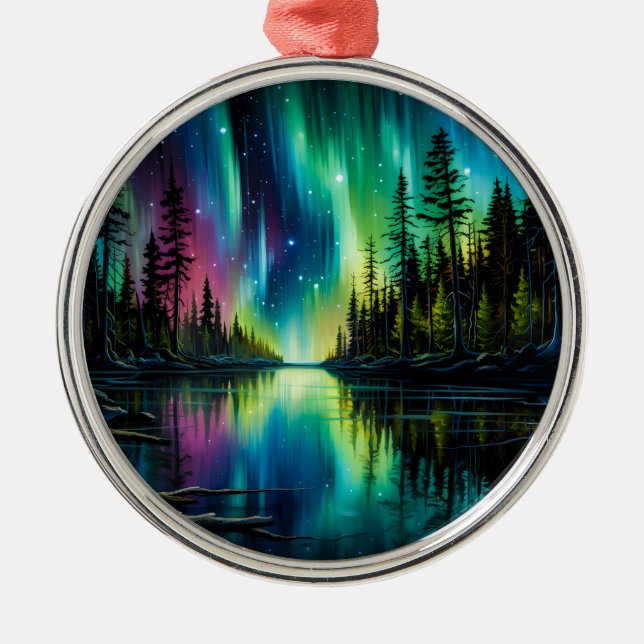 Rainbow Northern Lights Reflektion über Wasser Ornament Aus Metall (Vorne)