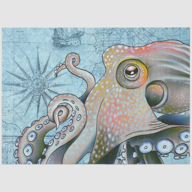 Rainbow Octopus Vintag Map Compass Nautic Seidenpapier (Vorderseite)