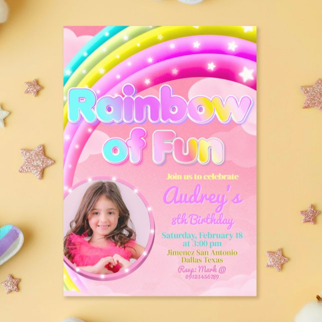 Rainbow of Fun with Picture Einladung (Rainbow of Fun - Girl Birthday Invitation with Photo)