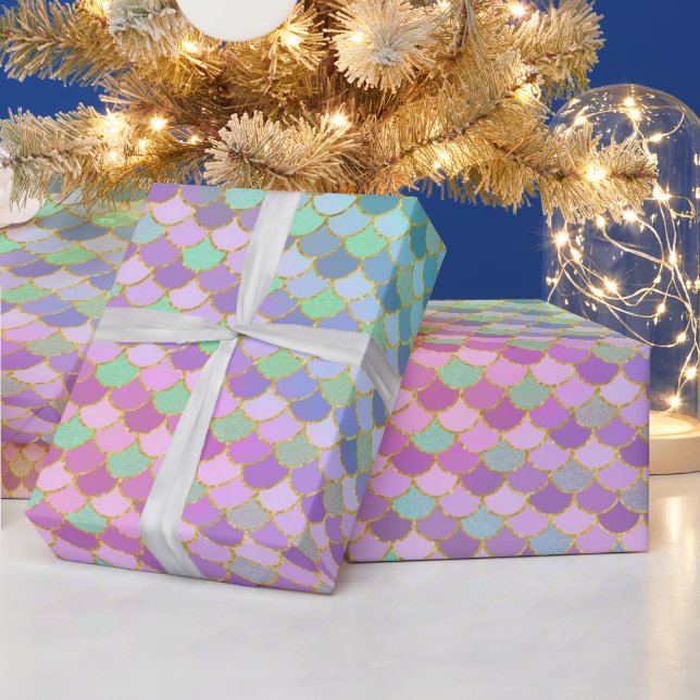 Rainbow Ombre und Gold Glitzer Mermaid Scales Geschenkpapier (Feiertage)