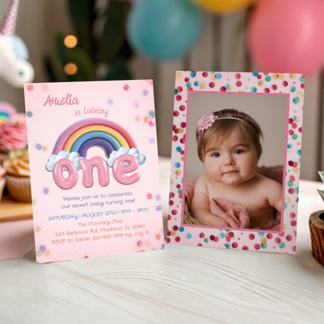 Rainbow One Photo Birthday Baby Girl Einladung (Von Creator hochgeladen)