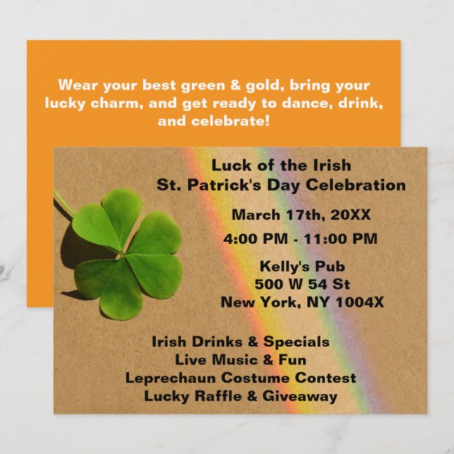 Rainbow Orange & Green Clover Drink Irish Einladung (Vorne/Hinten)