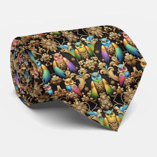 Rainbow Owl Art Deco Krawatte – Schwarz, Weiß & Go