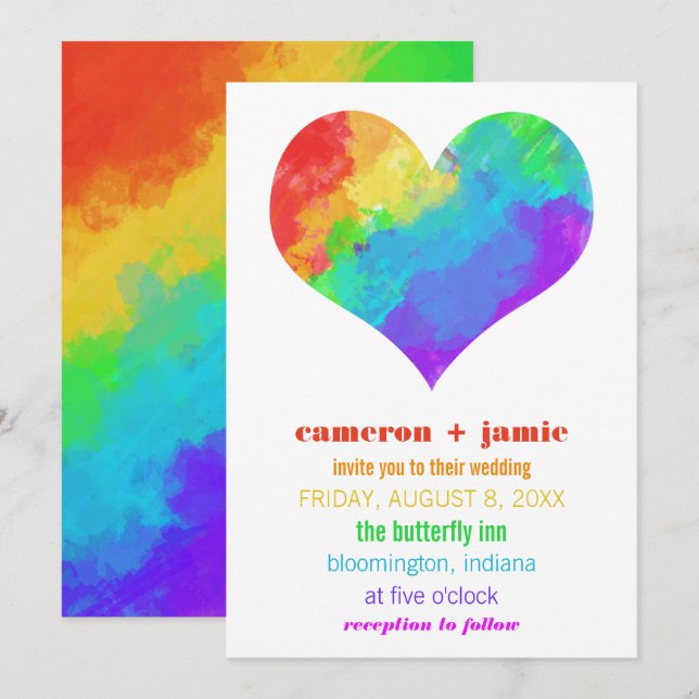 Rainbow Paint Heart Gay Lesbian Wedding Einladung (Vorne/Hinten)