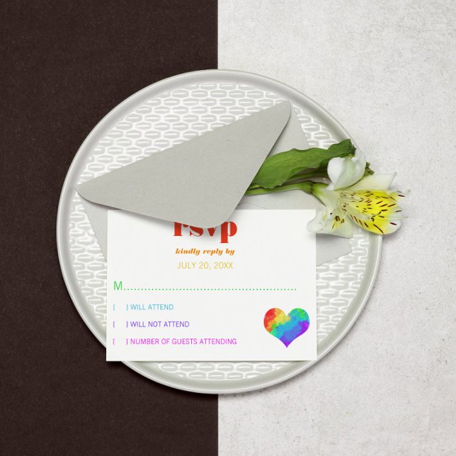 Rainbow Paint Heart Gay Lesbian Wedding RSVP Karte (Von Creator hochgeladen)
