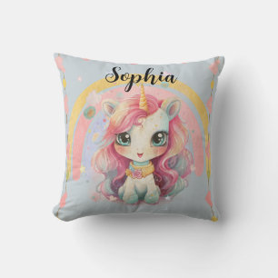 Rainbow Pastel Blue Kawaii Einhorn mit Namen Kissen