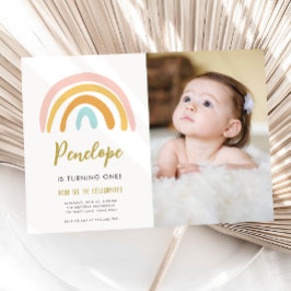Rainbow Pastel Boho Mute Pink Girl Erster Geburtst Einladung
