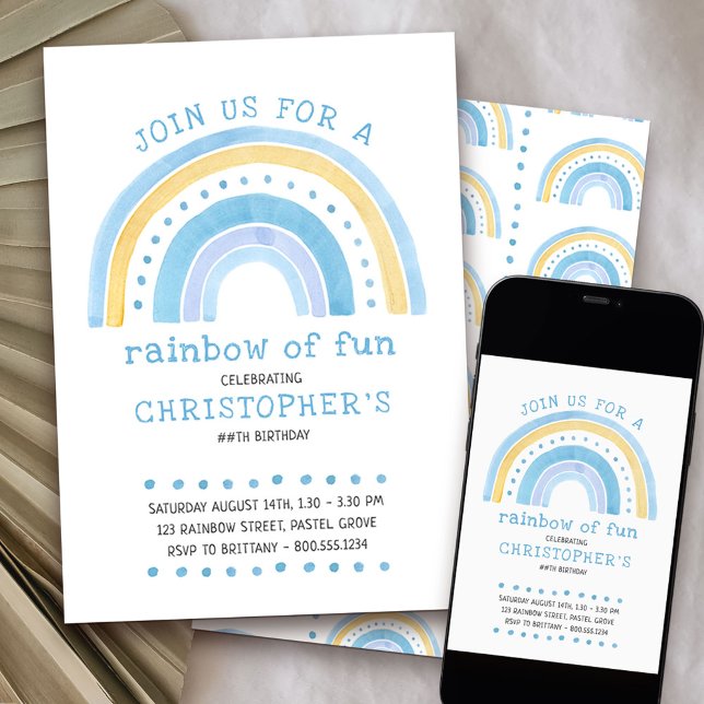 Rainbow Pastel Doodle Art Boys Einladung zum Gebur (Rainbow of Fun 1st birthday invitation)