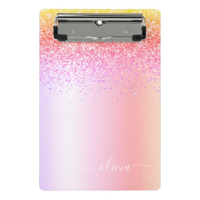 Rainbow Pastel Girly Glitzer Metal Monogram Name Mini Klemmbrett (Vorderseite)