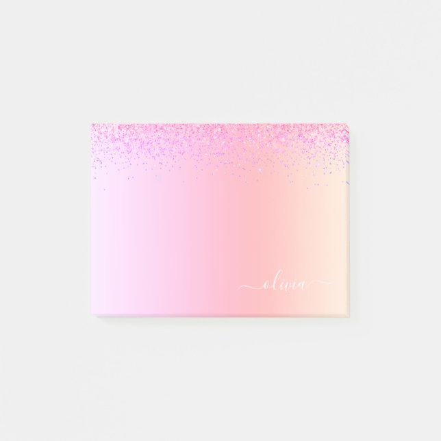 Rainbow Pastel Girly Glitzer Metal Monogram Name Post-it Klebezettel (Vorderseite)