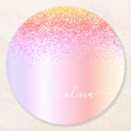 Rainbow Pastel Girly Glitzer Metal Monogram Name Runder Pappuntersetzer