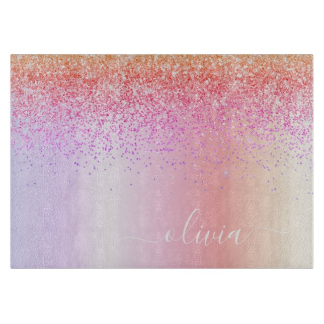 Rainbow Pastel Girly Glitzer Metal Monogram Name Schneidebrett (Vorderseite)
