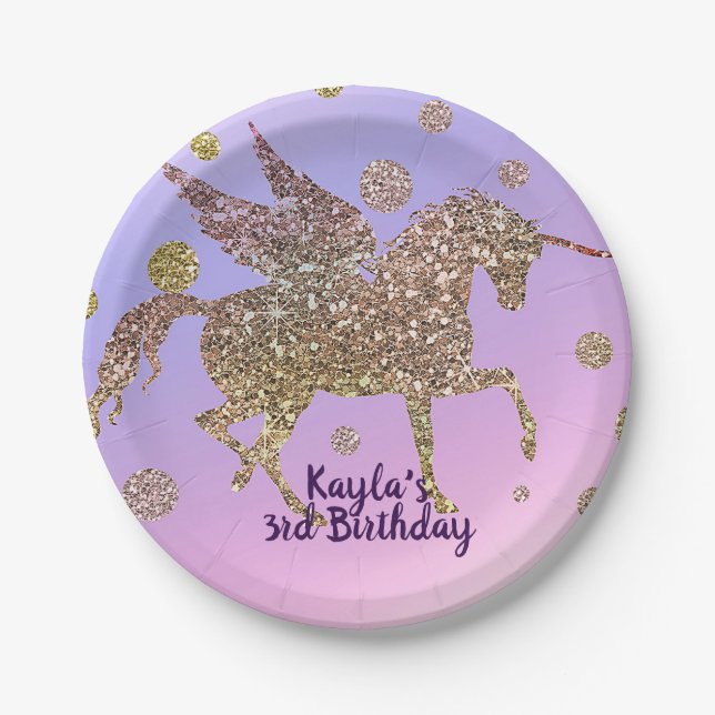 Rainbow Pastel Gold Dots Unicorn Geburtstagsparty Pappteller (Vorderseite)